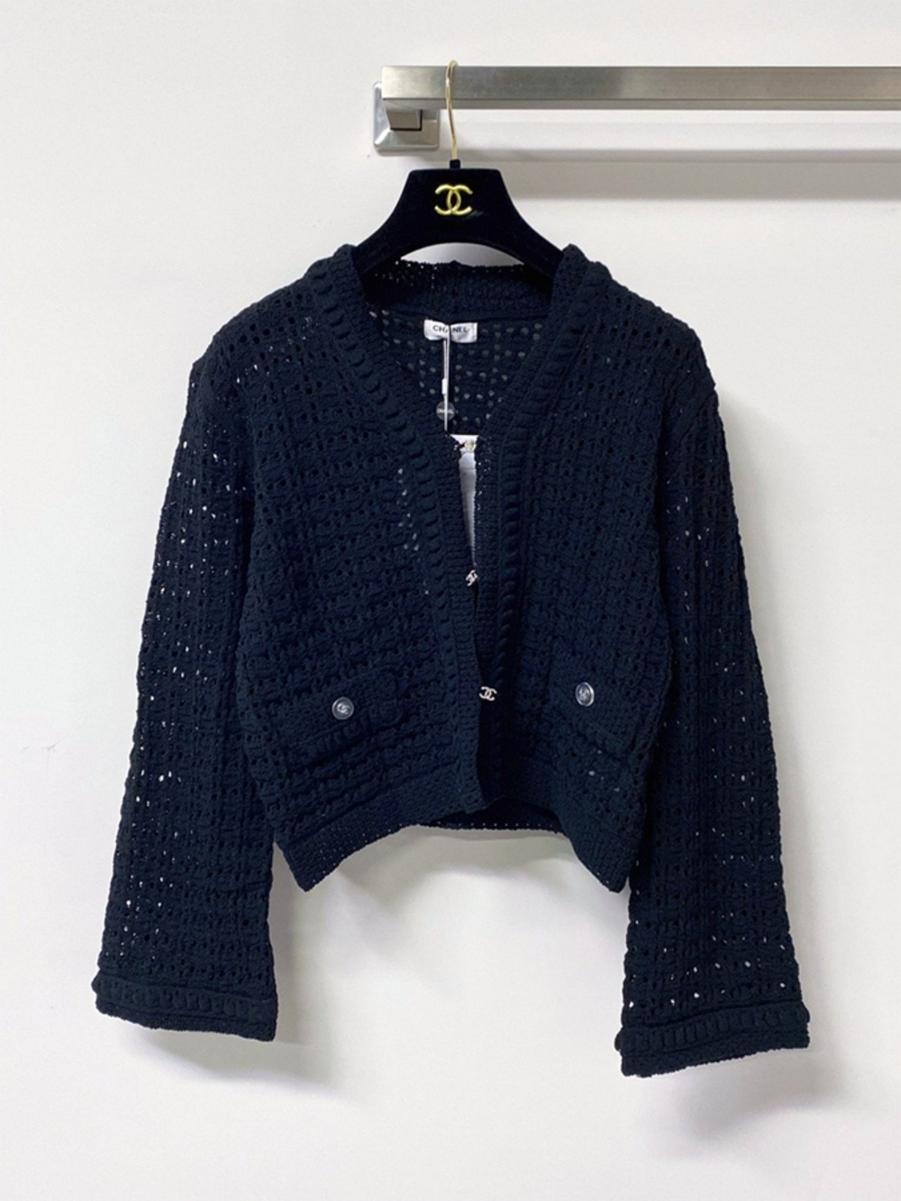 Chanel Black Hollow Knit Short Designer Cardigan Jacket
